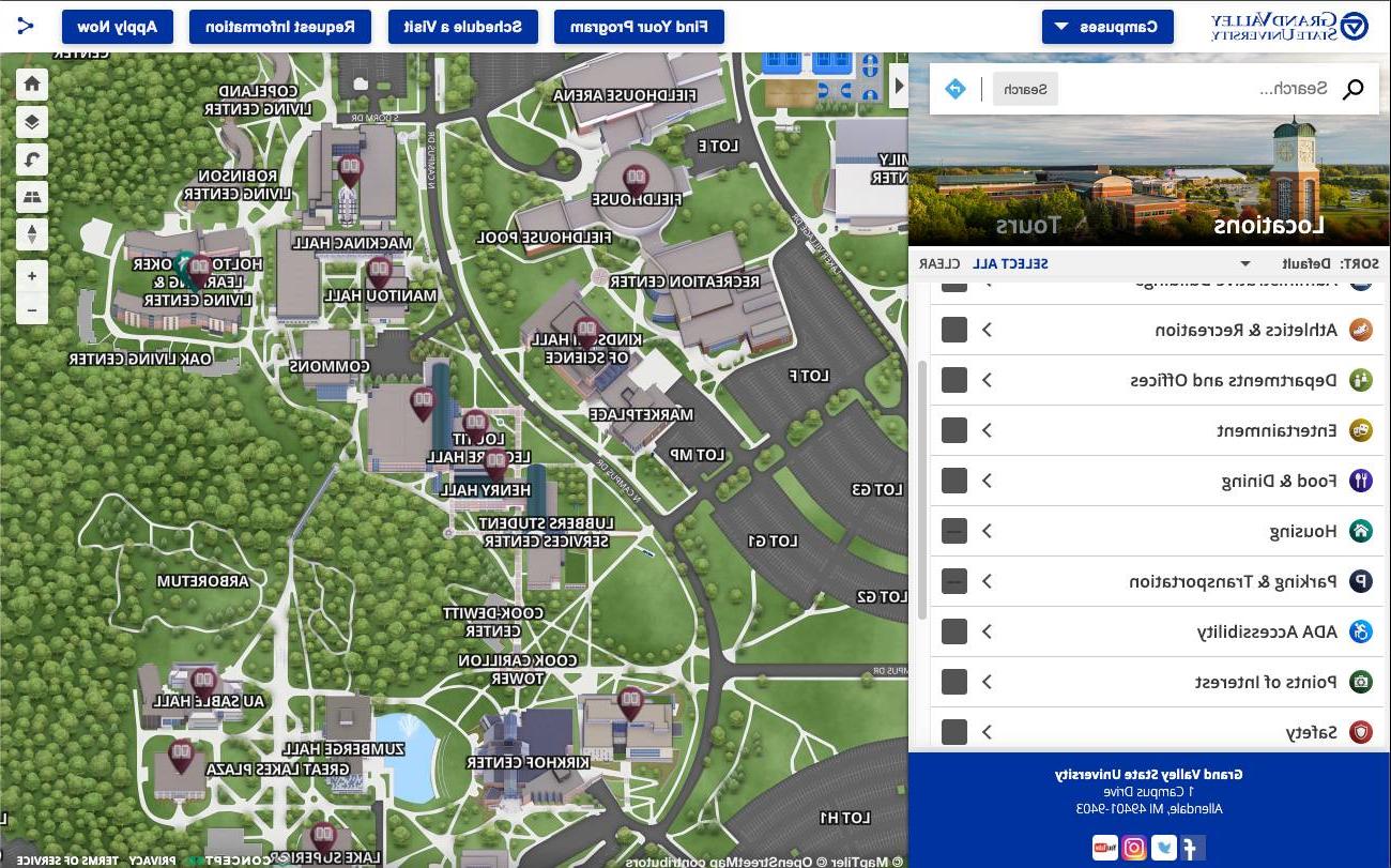 Grand Valley's virtual tour map of campus.